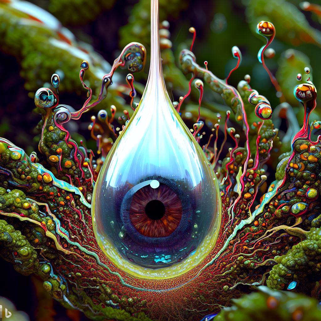 3D hyper-detailed joyfully splattering fractal bursting imploding raindrop with druid nano-wire root-circuitry iris-stroma and a joyous living breathing eyelid pupil at its core. Covered in mossy rainforest synapses, mirroring recursion.jpg